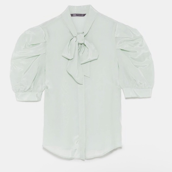 Zara| Women’s Sea Green Mint Tied Satin Blouse-Size S - Picture 2 of 11